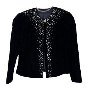 Vtg Velvet Rhinestone Button Evening Formal Blazer Jacket Black Silver Size US 8